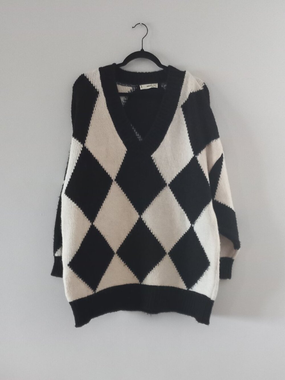 MANGO diamond rhombus checkered oversized v neck knit sweater